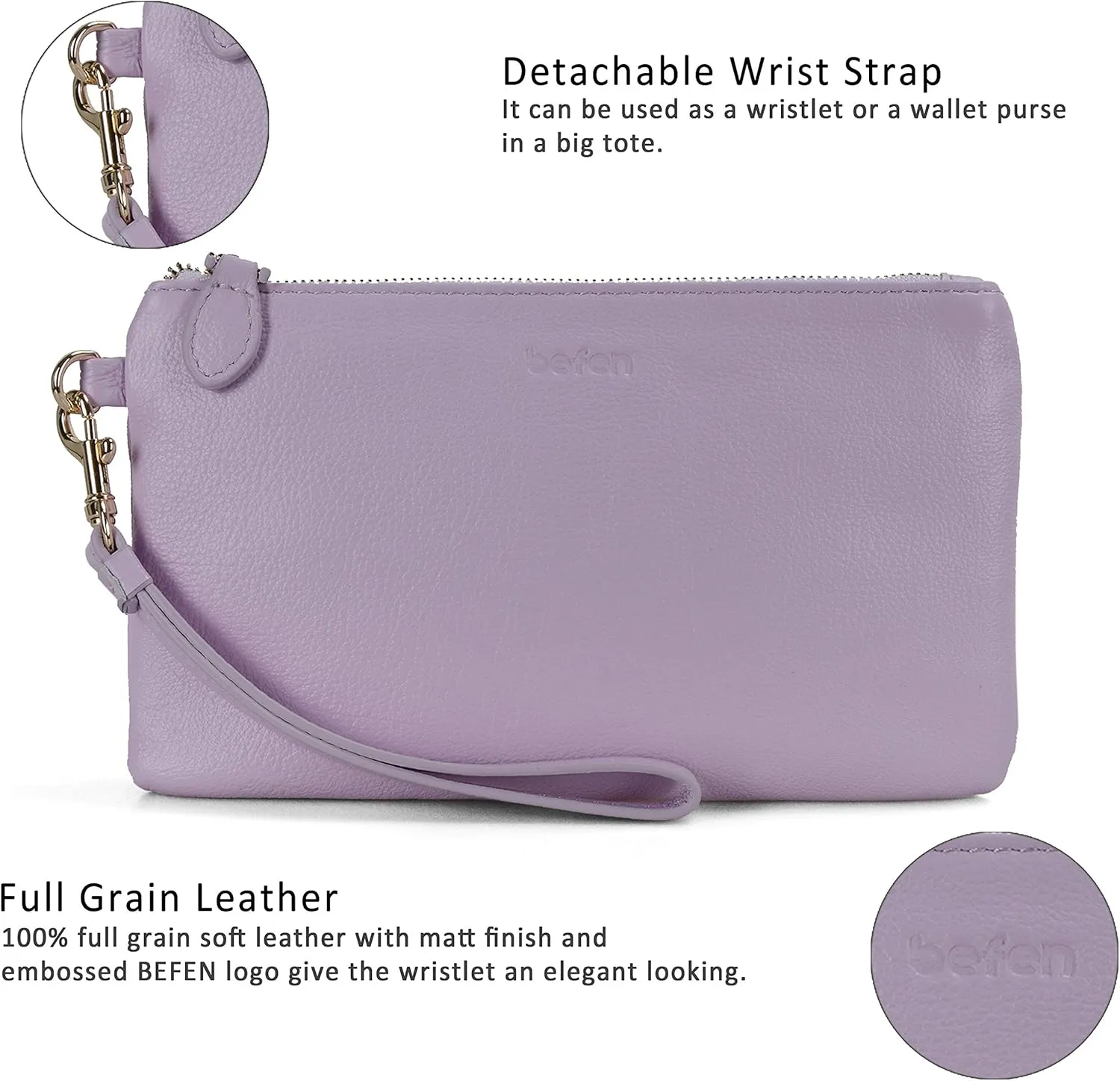 befen Women's Genuine Italian Leather Wristlet Clutch Wallet Purse, Gold Zipper