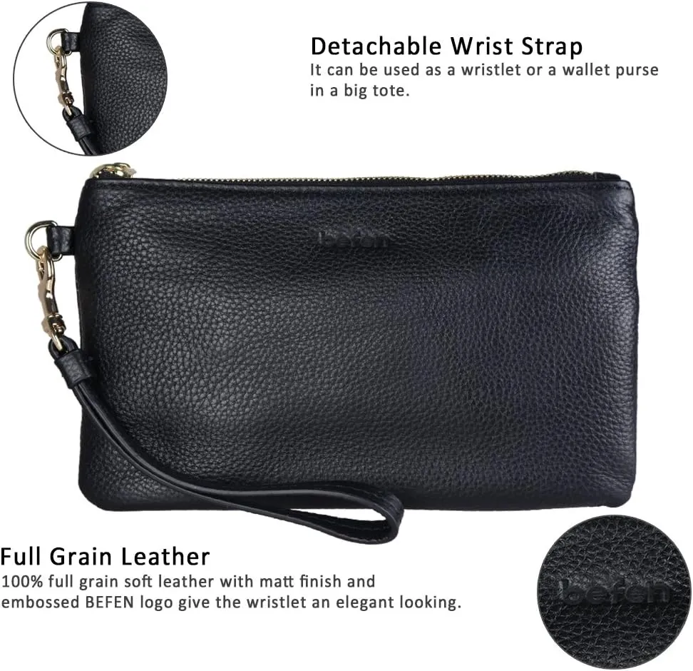 befen Women's Genuine Italian Leather Wristlet Clutch Wallet Purse, Gold Zipper