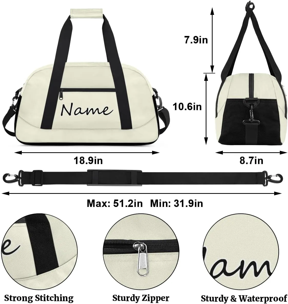 Beige Custom Gym Bag for Women Men, Personalized Duffel Bag with Name, Small Sports Gym Bag Travel Duffle Bag Weekender Carry On Overnight Bags