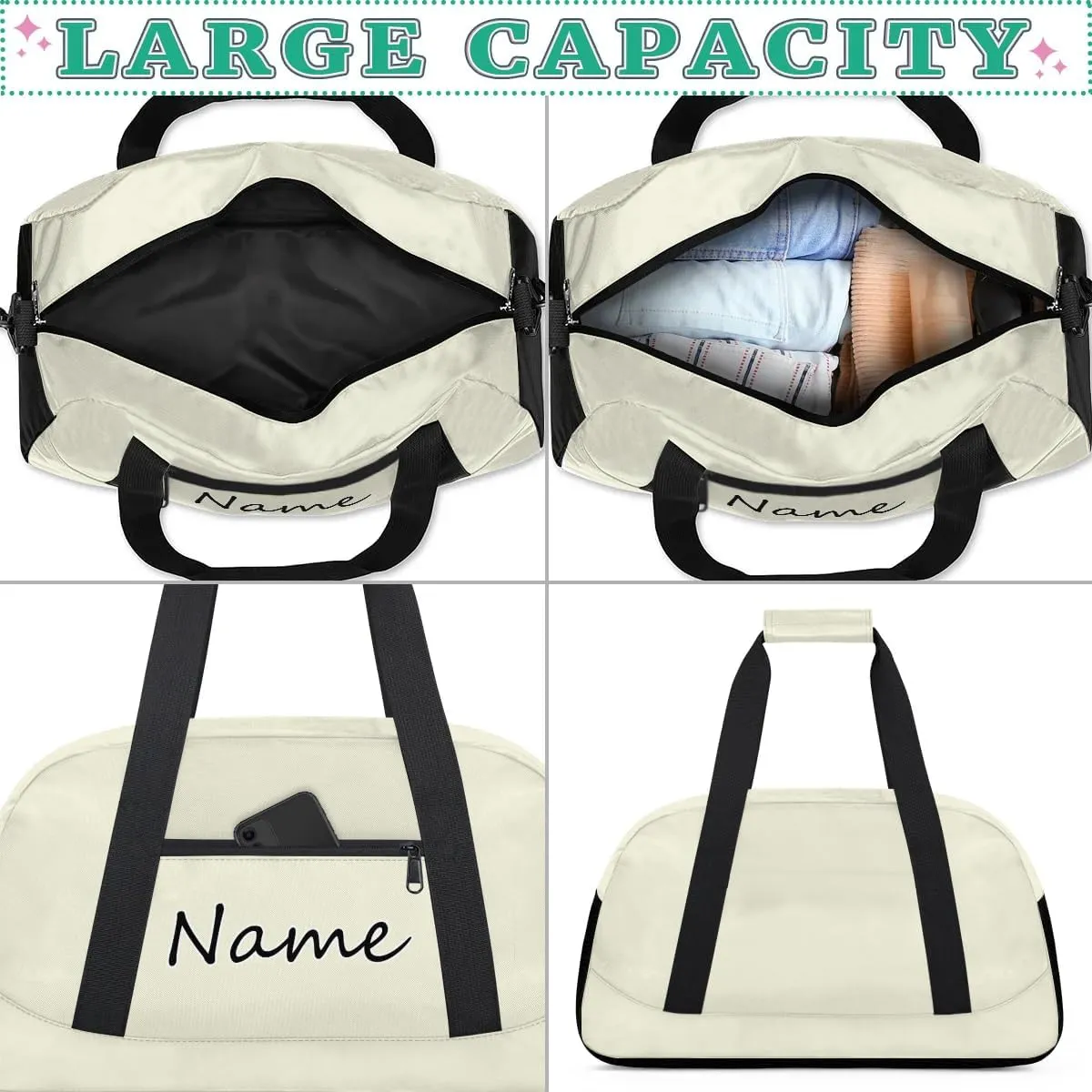 Beige Custom Gym Bag for Women Men, Personalized Duffel Bag with Name, Small Sports Gym Bag Travel Duffle Bag Weekender Carry On Overnight Bags