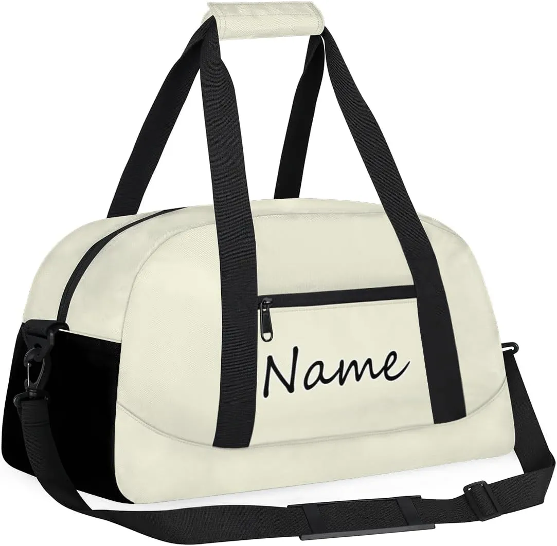 Beige Custom Gym Bag for Women Men, Personalized Duffel Bag with Name, Small Sports Gym Bag Travel Duffle Bag Weekender Carry On Overnight Bags