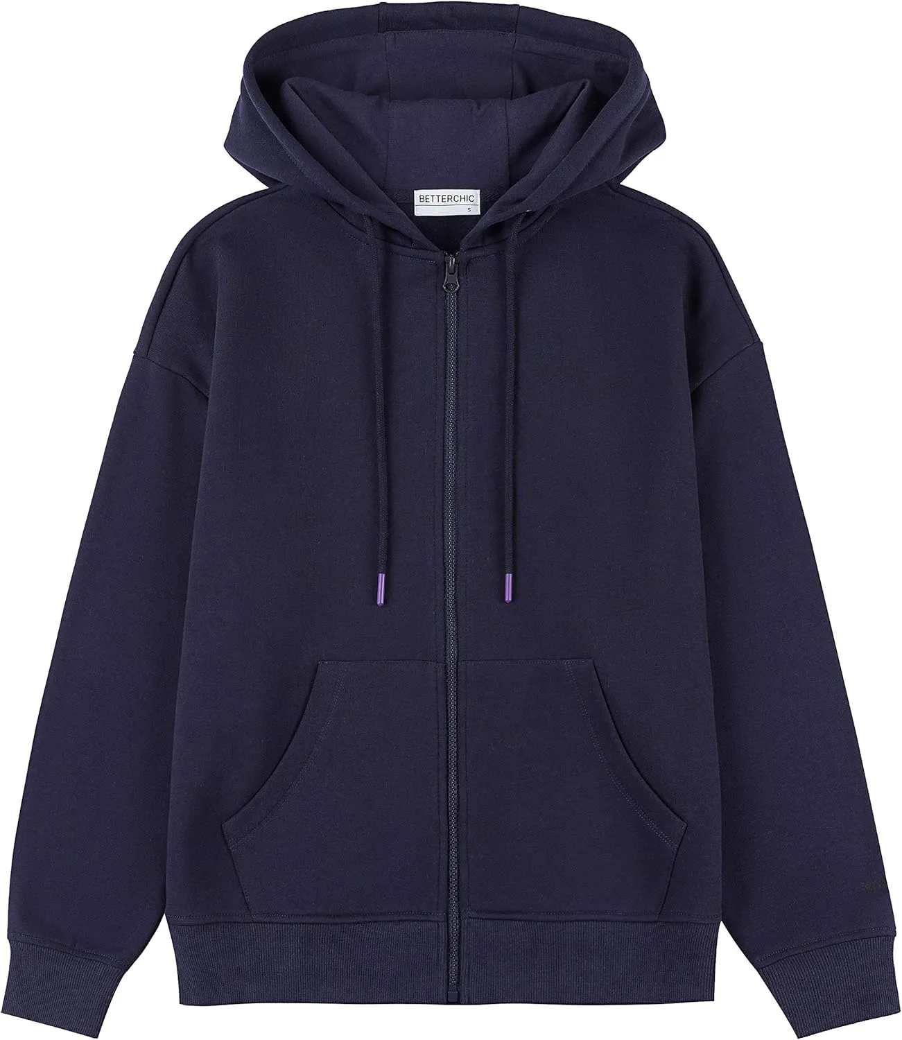 BETTERCHIC Women's Hooded Sweatshirt Casual Soft Brushed Fleece Hoody Drop Shoulder Full Zip Up Hoodie Size S-2XL
