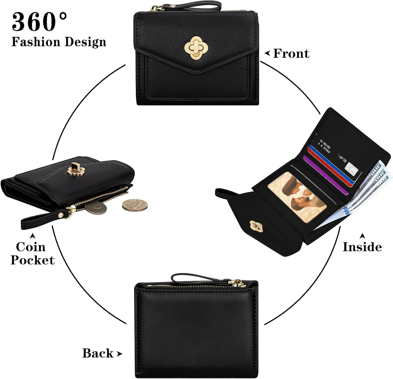 BIAOTIE Small Wallet for Women Leather Bifold Pocket Wallet RFID Blocking Credit Card Holder Cute Purse with Zipper Coin Pocket (Black)