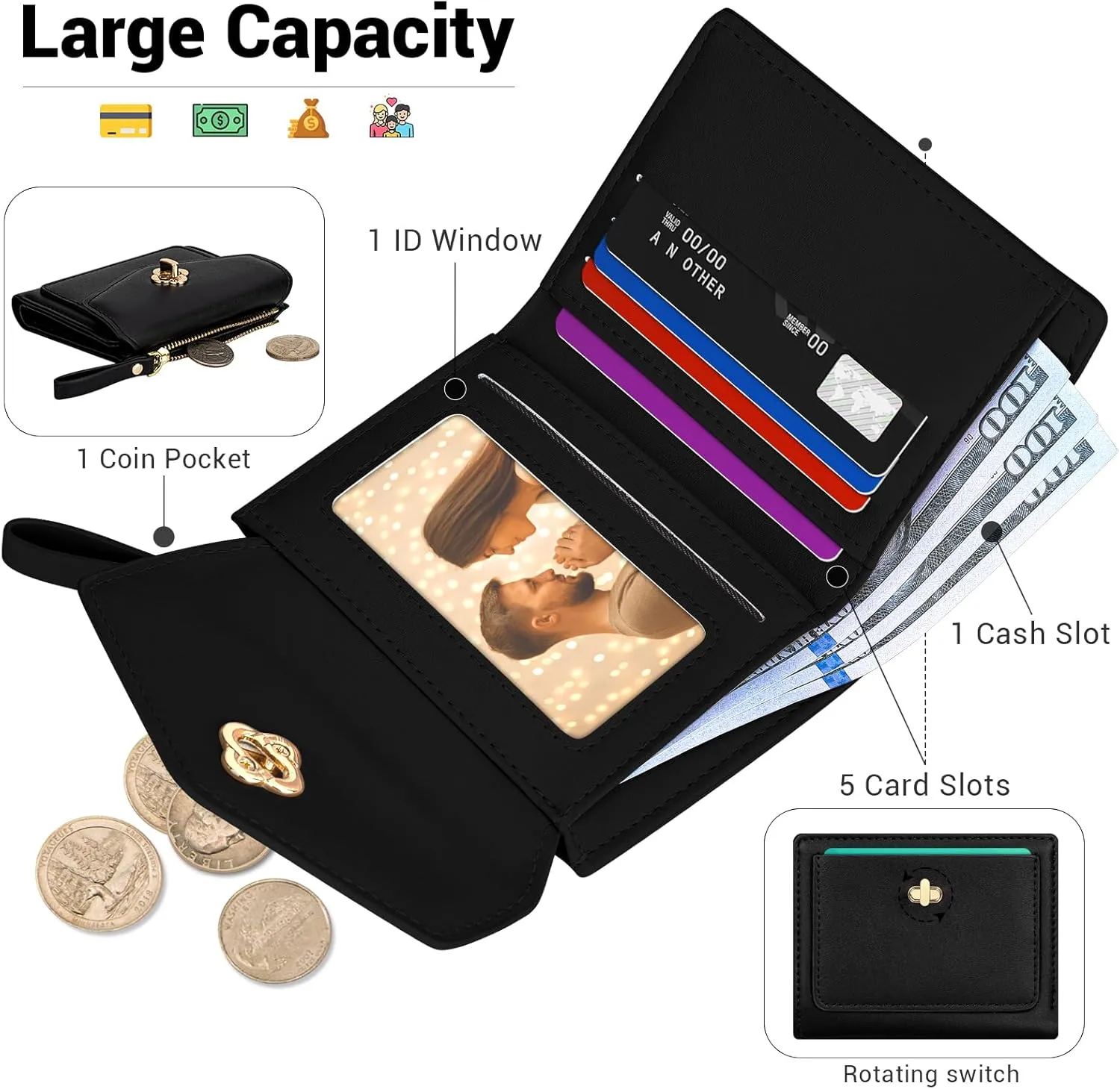 BIAOTIE Small Wallet for Women Leather Bifold Pocket Wallet RFID Blocking Credit Card Holder Cute Purse with Zipper Coin Pocket (Black)