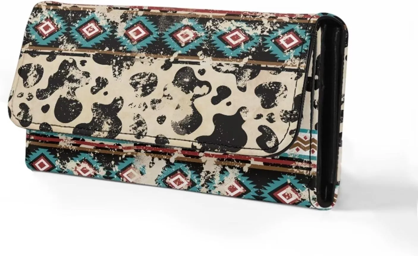 Binienty Womens Blocking Wallets Trifold Leather Purses Clutch,Aztec Cow Print Wallet Card Organizer Handbag