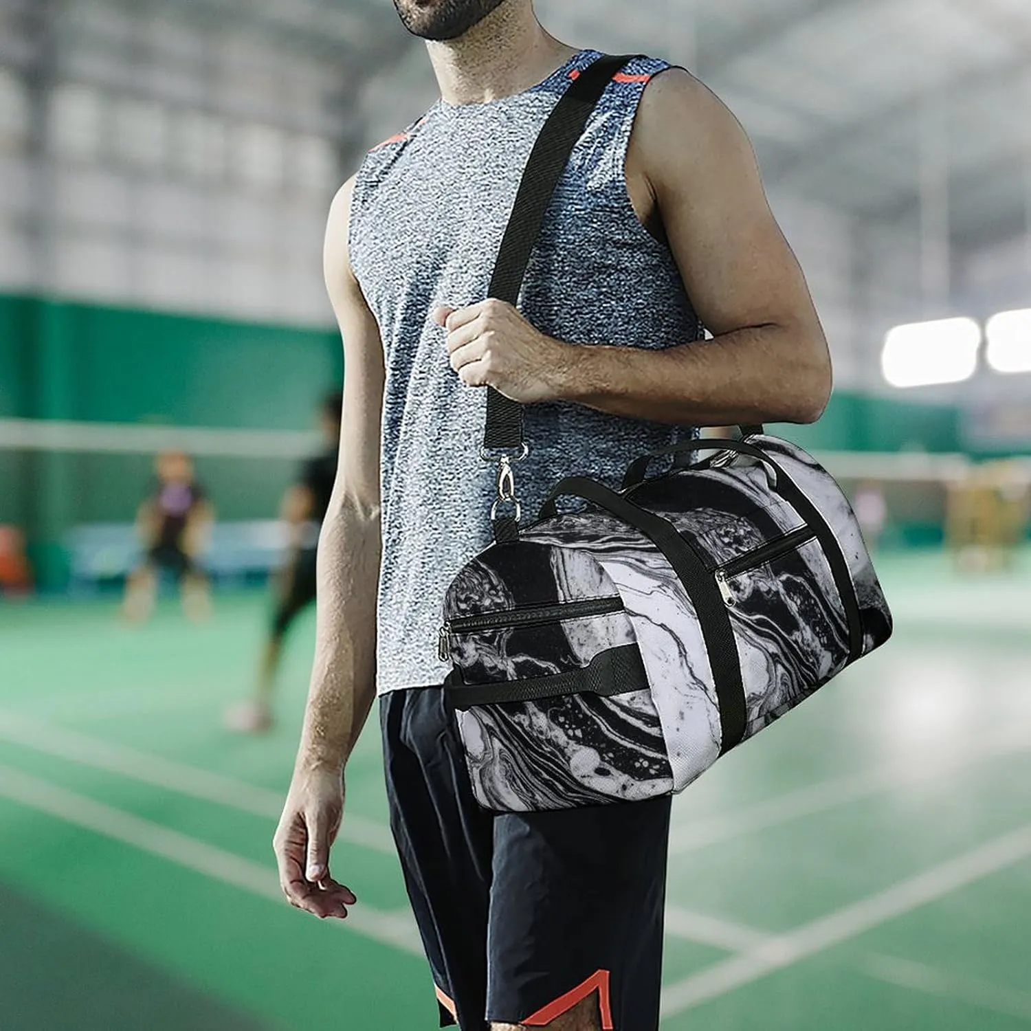 Black And White Marble_78064341 Sports Gym Bag Carry on Holdalls for Men Small Duffel Bags for Women with Shoe Compartment