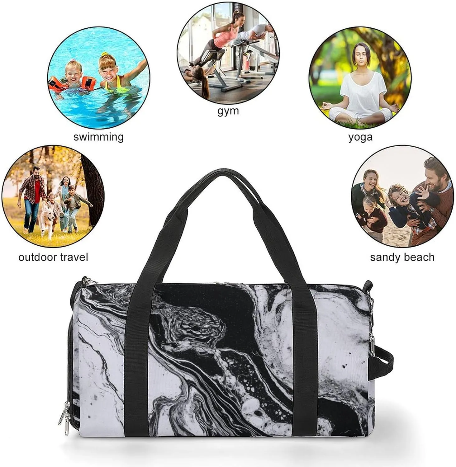 Black And White Marble_78064341 Sports Gym Bag Carry on Holdalls for Men Small Duffel Bags for Women with Shoe Compartment
