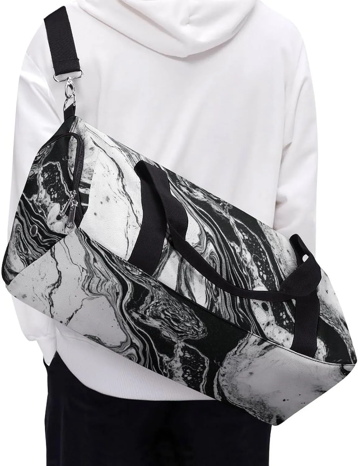 Black And White Marble_78064341 Sports Gym Bag Carry on Holdalls for Men Small Duffel Bags for Women with Shoe Compartment