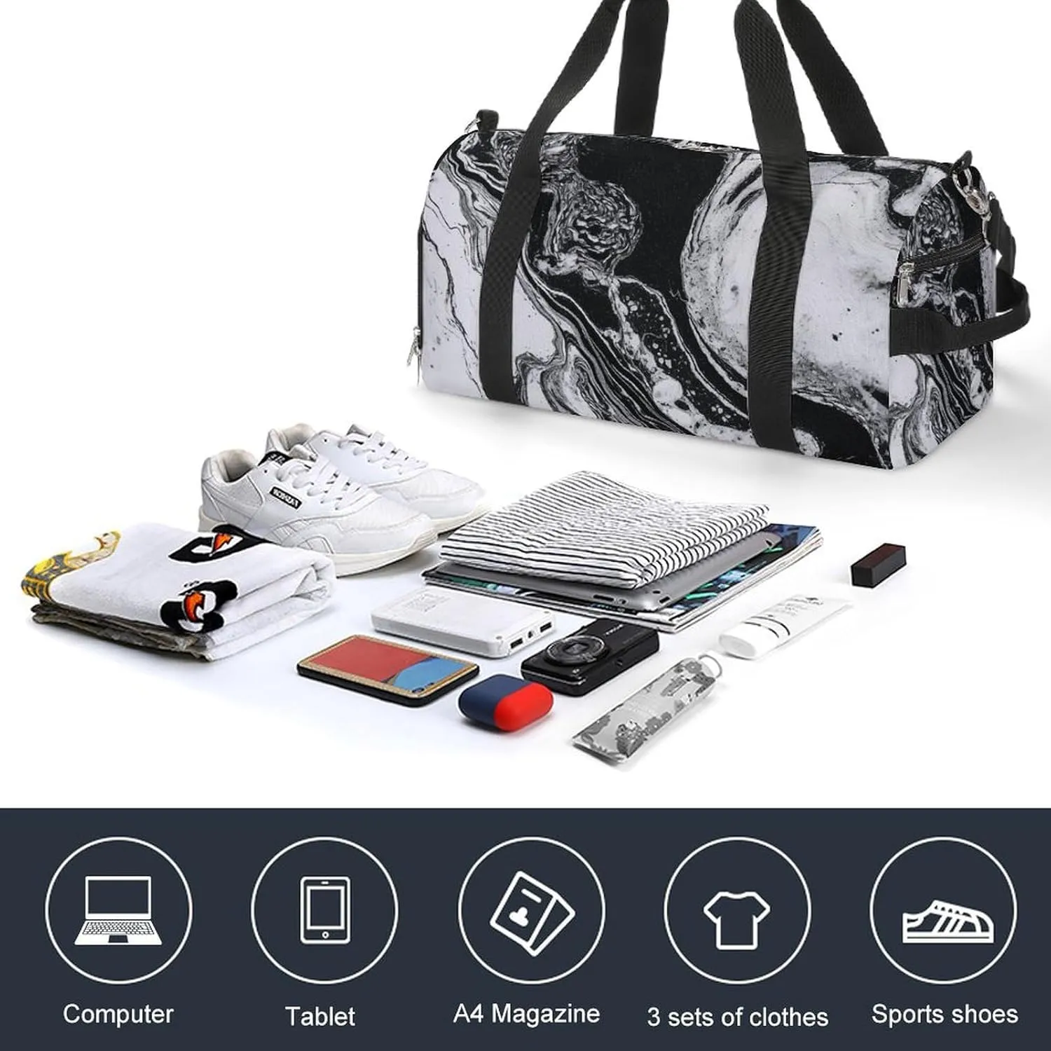 Black And White Marble_78064341 Sports Gym Bag Carry on Holdalls for Men Small Duffel Bags for Women with Shoe Compartment