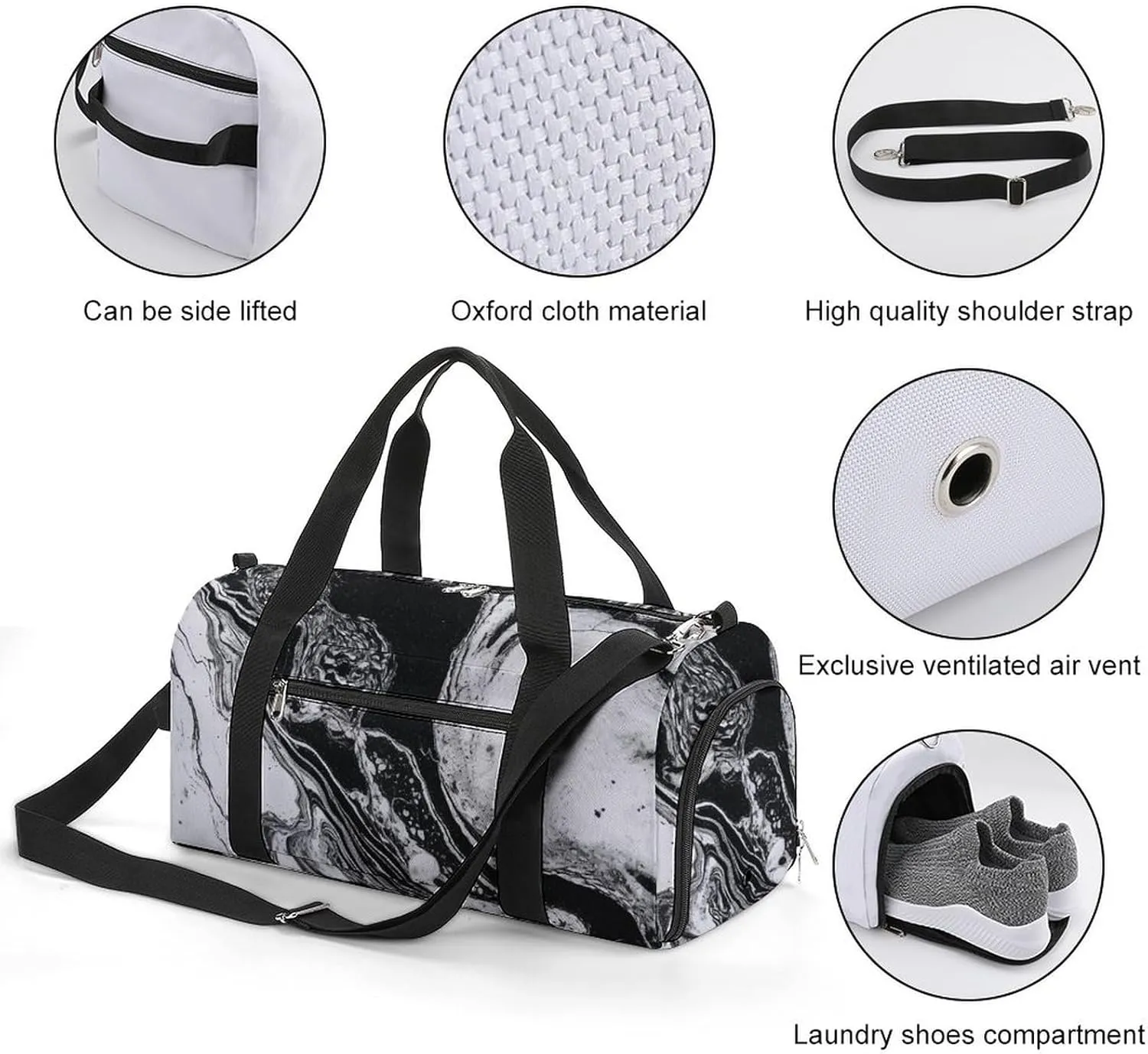 Black And White Marble_78064341 Sports Gym Bag Carry on Holdalls for Men Small Duffel Bags for Women with Shoe Compartment