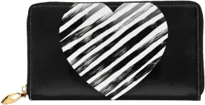 Black And White Striped Heart Leather Wallets For Women Waterproof Zip Around Clutch Purses Large Credit Card Holder With Phone Holder Ladies Travel Coin Purse