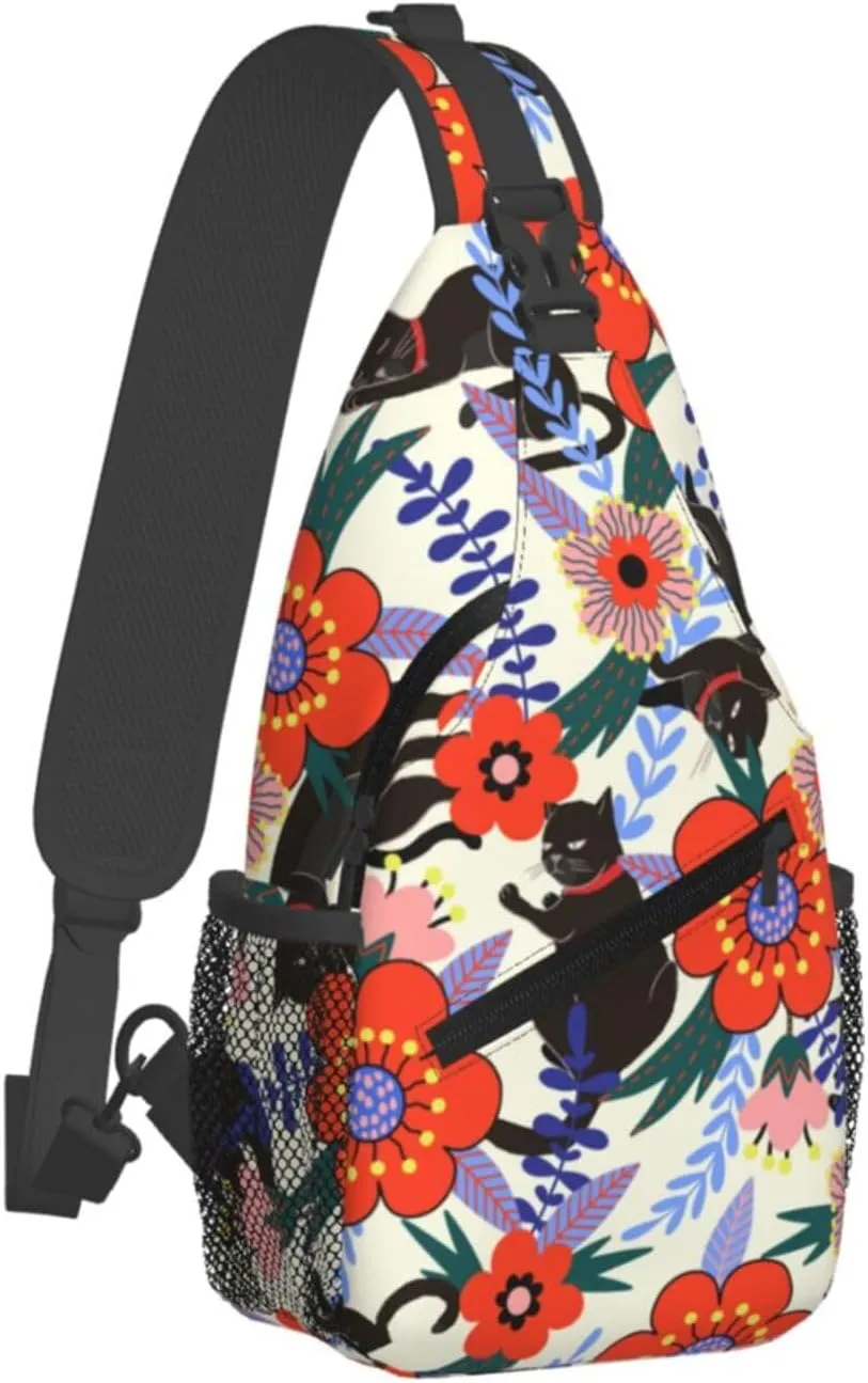 Black Cat Flowers Crossbody Sling Backpack Sling Bag Adjustable Chest Shoulder Daypack For Women Men