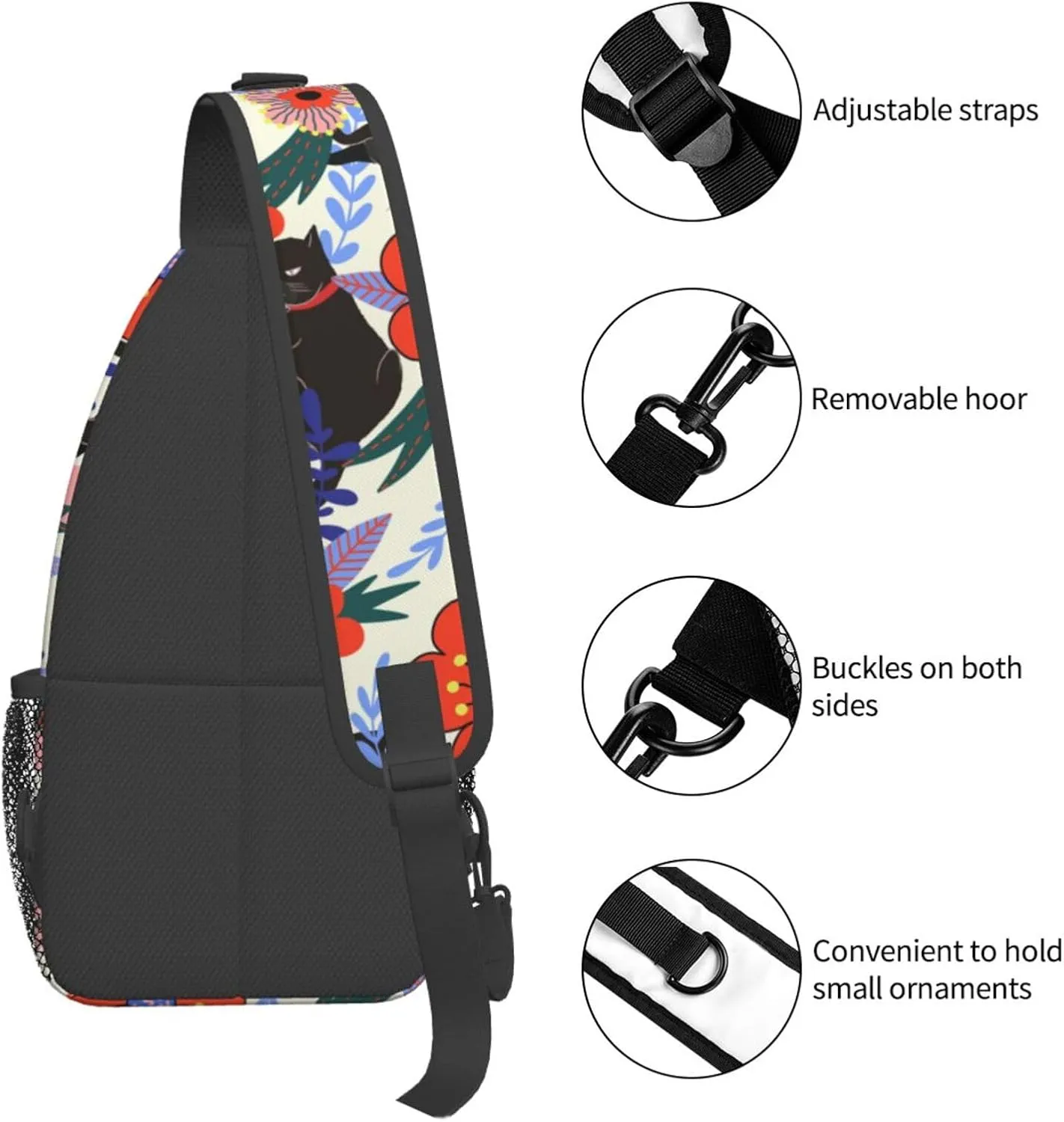Black Cat Flowers Crossbody Sling Backpack Sling Bag Adjustable Chest Shoulder Daypack For Women Men