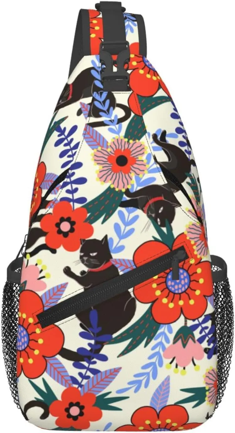 Black Cat Flowers Crossbody Sling Backpack Sling Bag Adjustable Chest Shoulder Daypack For Women Men