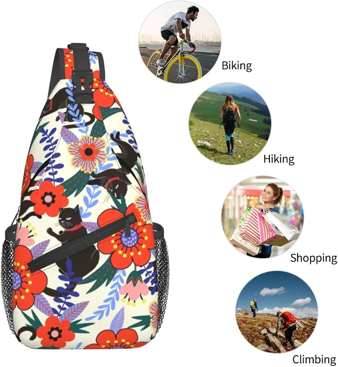 Black Cat Flowers Crossbody Sling Backpack Sling Bag Adjustable Chest Shoulder Daypack For Women Men
