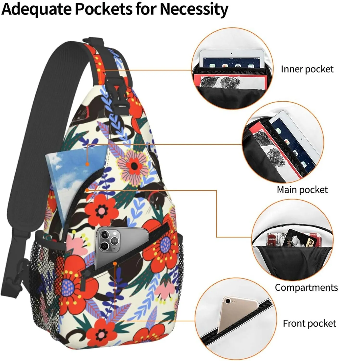 Black Cat Flowers Crossbody Sling Backpack Sling Bag Adjustable Chest Shoulder Daypack For Women Men