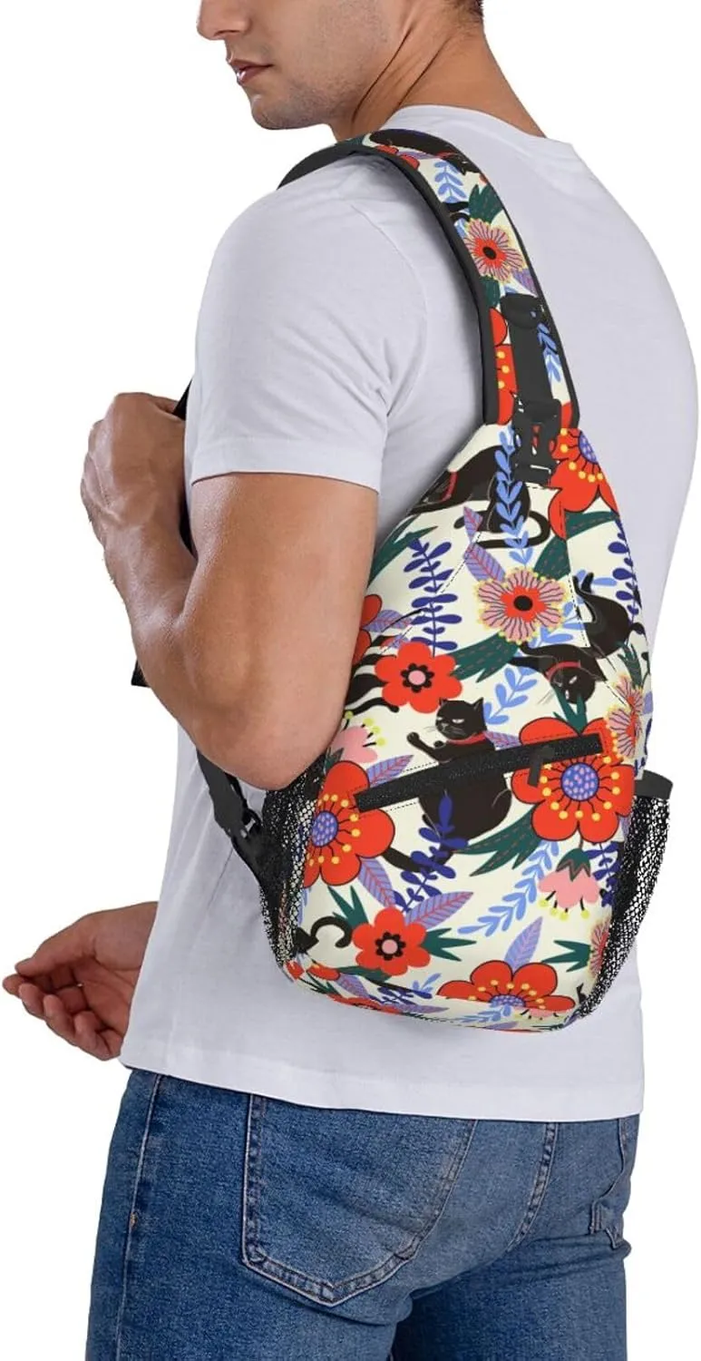 Black Cat Flowers Crossbody Sling Backpack Sling Bag Adjustable Chest Shoulder Daypack For Women Men