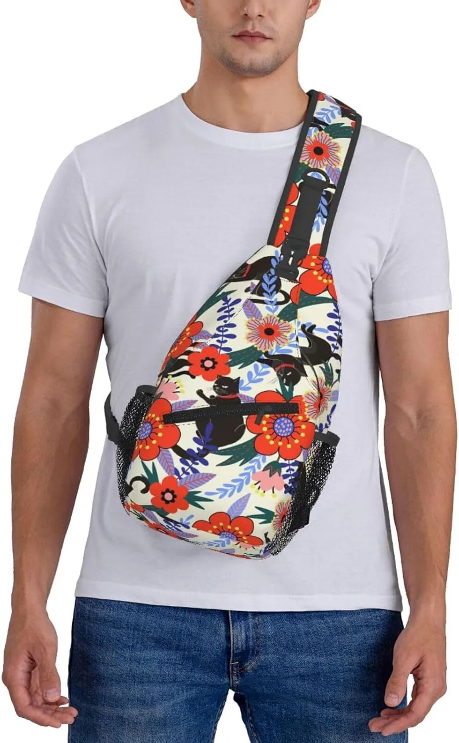 Black Cat Flowers Crossbody Sling Backpack Sling Bag Adjustable Chest Shoulder Daypack For Women Men