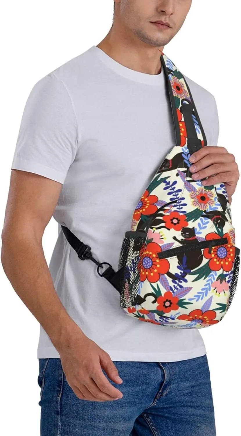 Black Cat Flowers Crossbody Sling Backpack Sling Bag Adjustable Chest Shoulder Daypack For Women Men