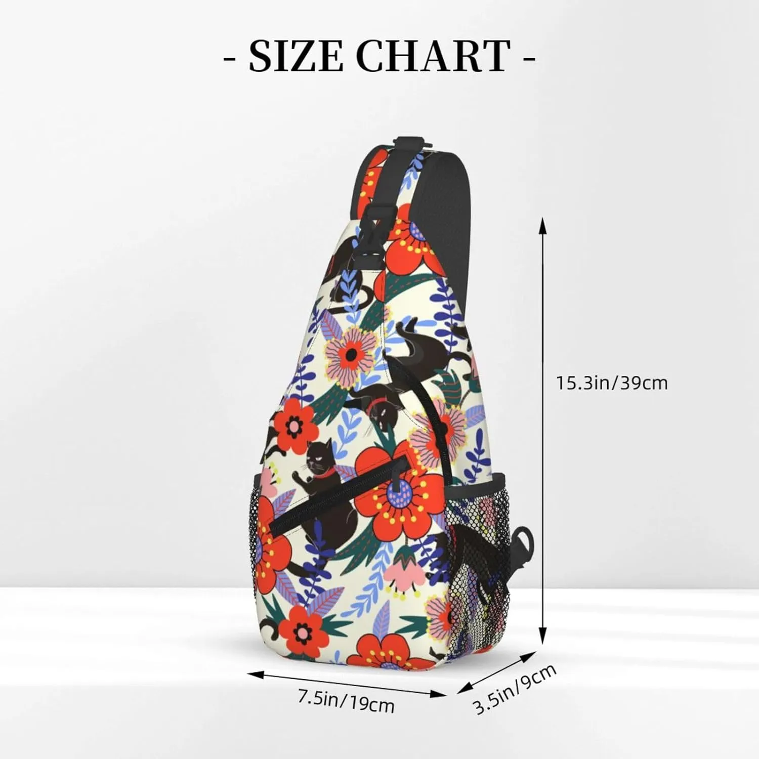 Black Cat Flowers Crossbody Sling Backpack Sling Bag Adjustable Chest Shoulder Daypack For Women Men