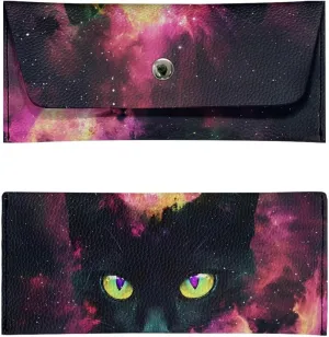 Black Cat Star Long Slim Wallets for Men Women Womens Billfold Wallets Long Clutch Wallet Purse for Women Large Capacity Wallet Waterproof PU Leather Cash Wallet