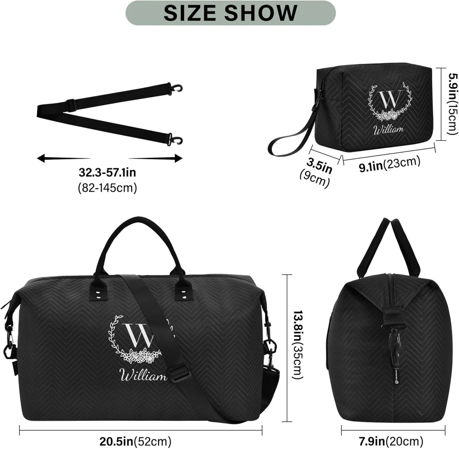 Black Custom Travel Duffel Bag with Toiletry Bag Personalized Weekender Bag for Trips Sports Business Large Gym Duffel Bag Overnight Bag for Women & Men