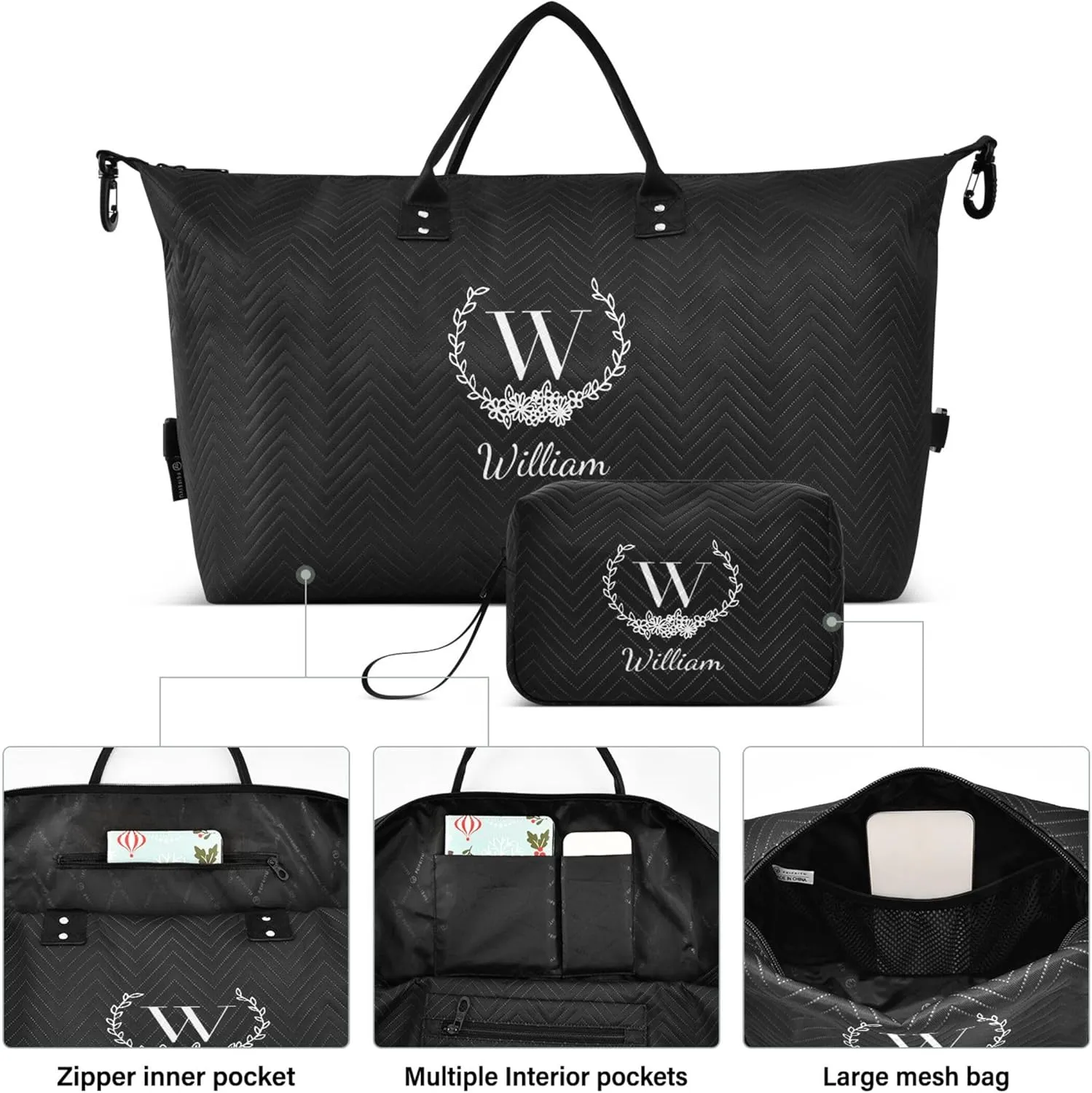Black Custom Travel Duffel Bag with Toiletry Bag Personalized Weekender Bag for Trips Sports Business Large Gym Duffel Bag Overnight Bag for Women & Men