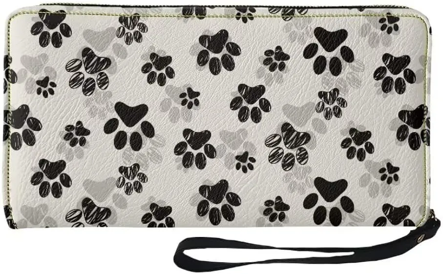 Black Dog Paws Print Zip Around Clutch For Women Large Capacity Long Wristlet Wallets Card Holder Coin Purse Wallet