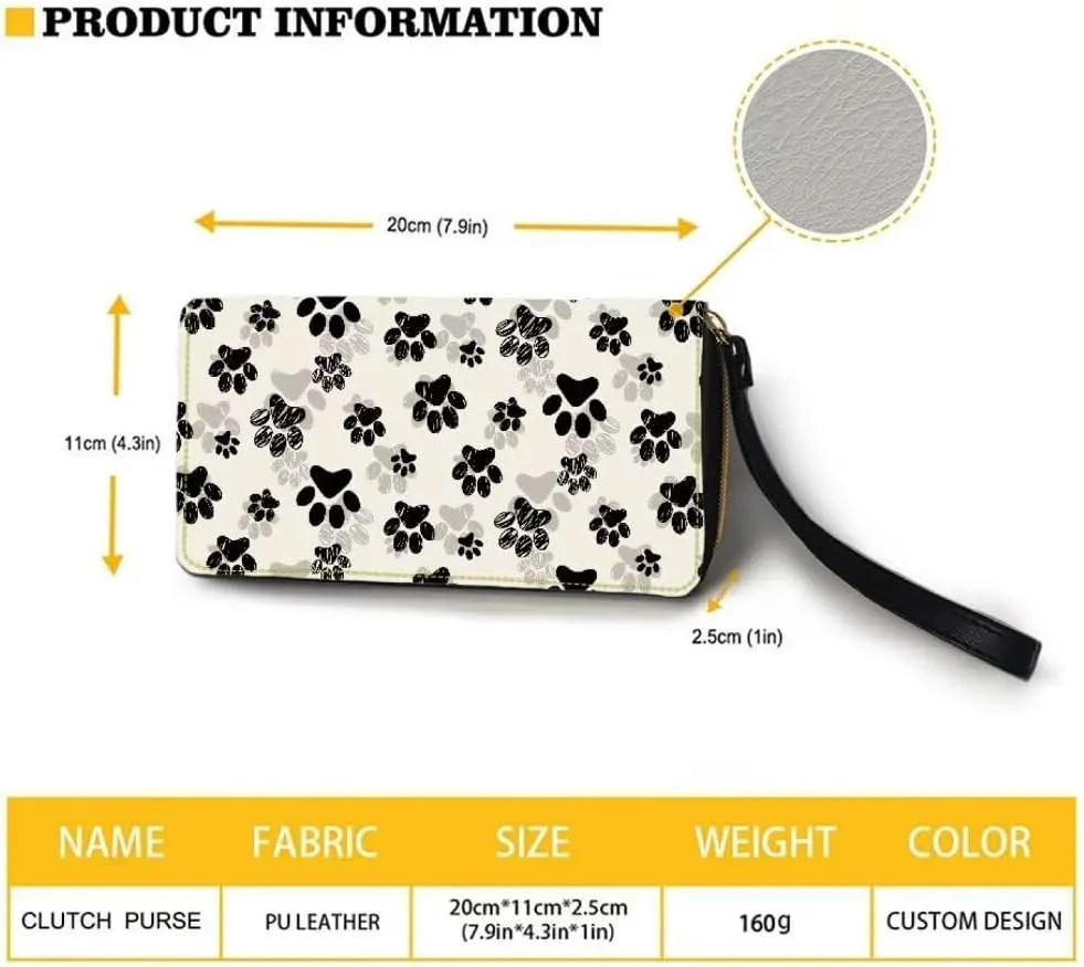 Black Dog Paws Print Zip Around Clutch For Women Large Capacity Long Wristlet Wallets Card Holder Coin Purse Wallet