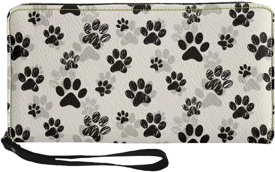 Black Dog Paws Print Zip Around Clutch For Women Large Capacity Long Wristlet Wallets Card Holder Coin Purse Wallet