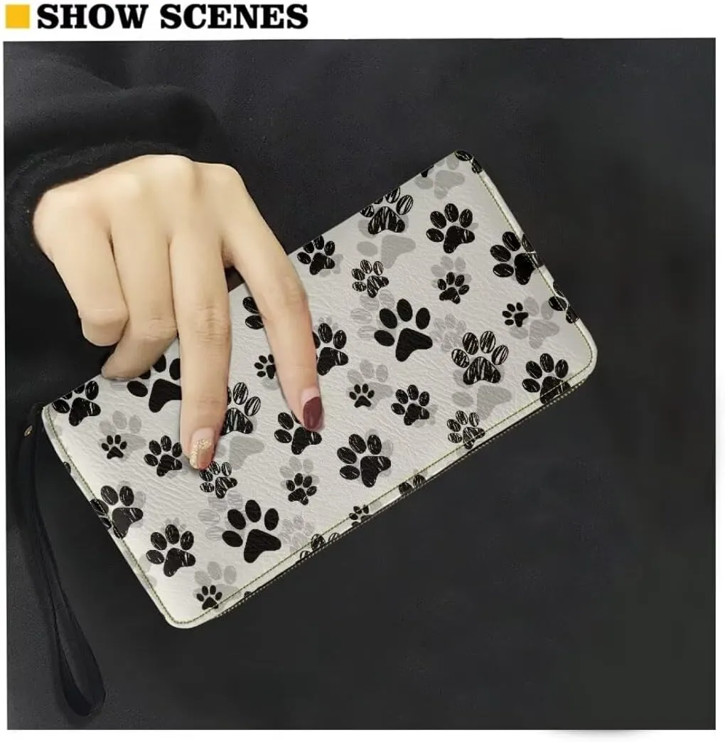 Black Dog Paws Print Zip Around Clutch For Women Large Capacity Long Wristlet Wallets Card Holder Coin Purse Wallet