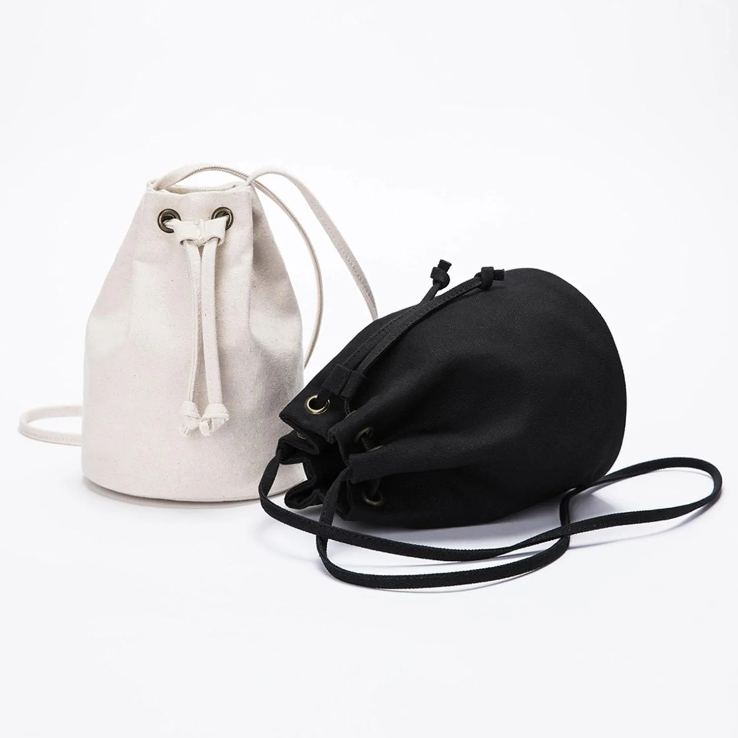 Black Drawstring Crossbody Bag Nylon Fabric Large Capacity Organizer Bag with Gold Tone Hardware