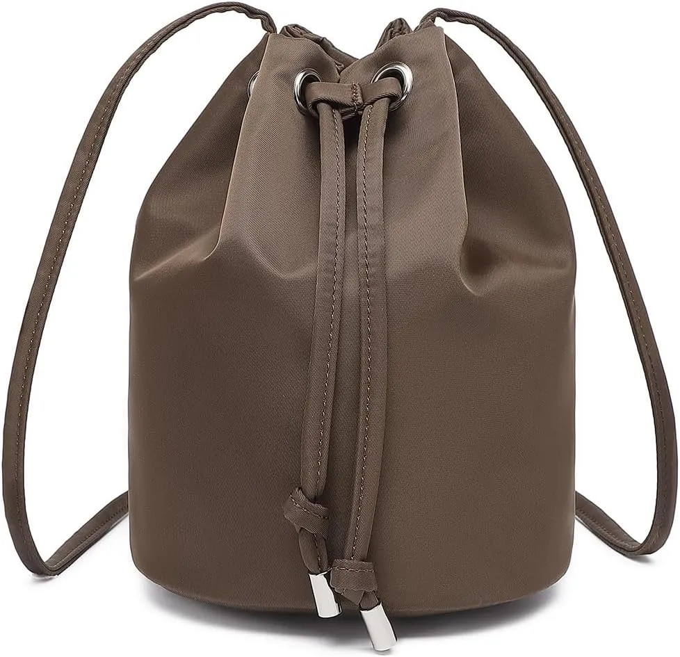 Black Drawstring Crossbody Bag Nylon Fabric Large Capacity Organizer Bag with Gold Tone Hardware