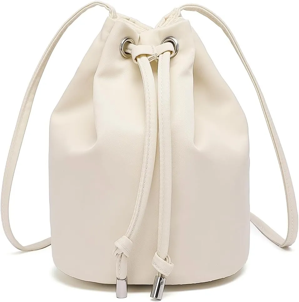 Black Drawstring Crossbody Bag Nylon Fabric Large Capacity Organizer Bag with Gold Tone Hardware