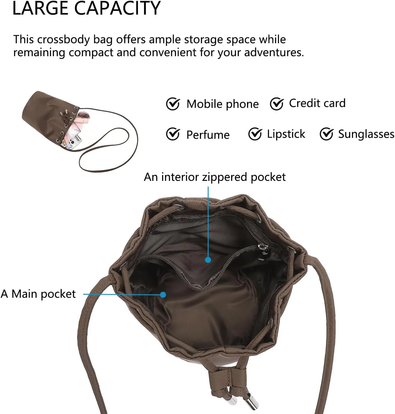 Black Drawstring Crossbody Bag Nylon Fabric Large Capacity Organizer Bag with Gold Tone Hardware