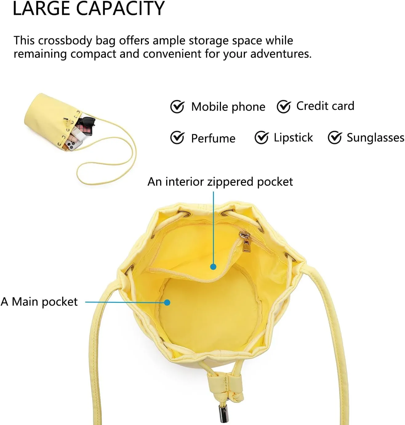 Black Drawstring Crossbody Bag Nylon Fabric Large Capacity Organizer Bag with Gold Tone Hardware