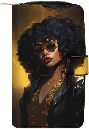 Black Girl Magic Afro Glasses Purses for Women Zipper Leather Clutch Purse Travel Handbag Card Case Wallet
