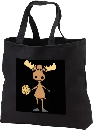 Black Tote Bag JUMBO 20w x 15h x 5d - Funny Cute Big headed Moose eating Chocolate Chip Cookie Cartoon Animals