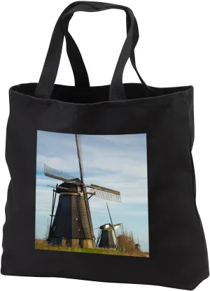 Black Tote Bag JUMBO 20w x 15h x 5d - Netherlands, Kinderdijk. Traditional Dutch windmills along a canal. Windmills
