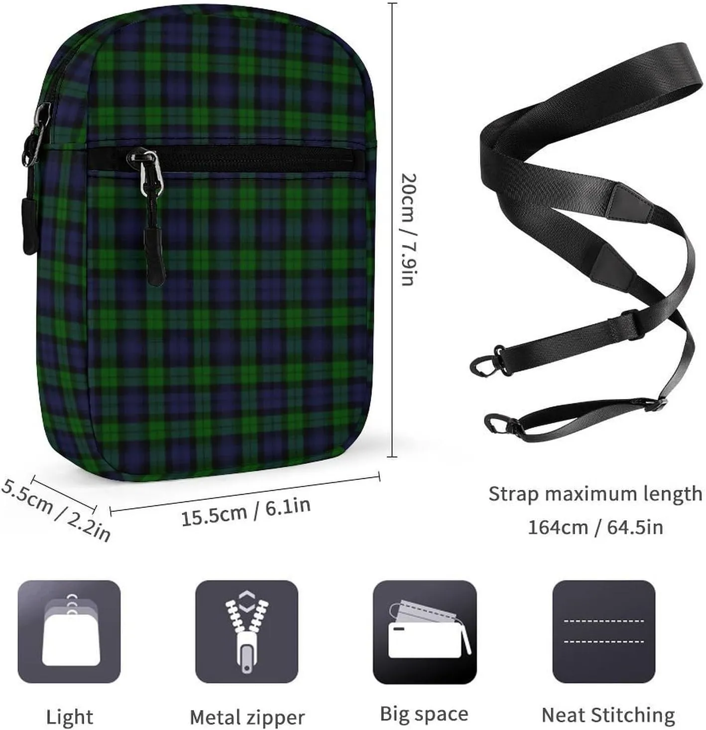 BlackWatch Tartan Plaid Detachable Shoulder Strap Small Shoulder Bag Unisex