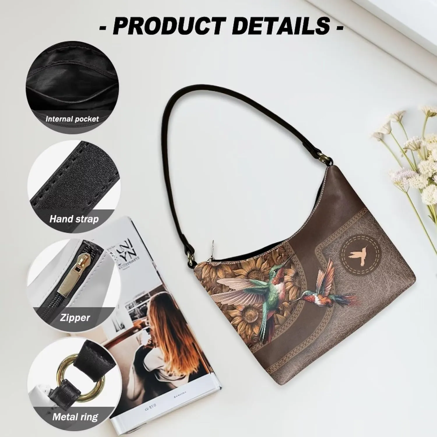 BLeather Underarm Bag for Women Shoulder Handbag with Zipper Fashion Travel Purse