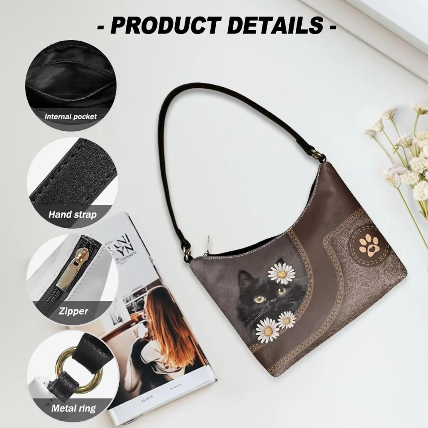 BLeather Underarm Bag for Women Shoulder Handbag with Zipper Fashion Travel Purse