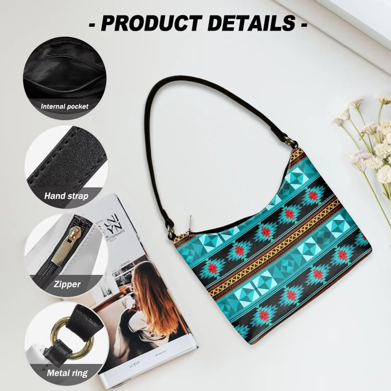 BLeather Underarm Bag for Women Shoulder Handbag with Zipper Fashion Travel Purse