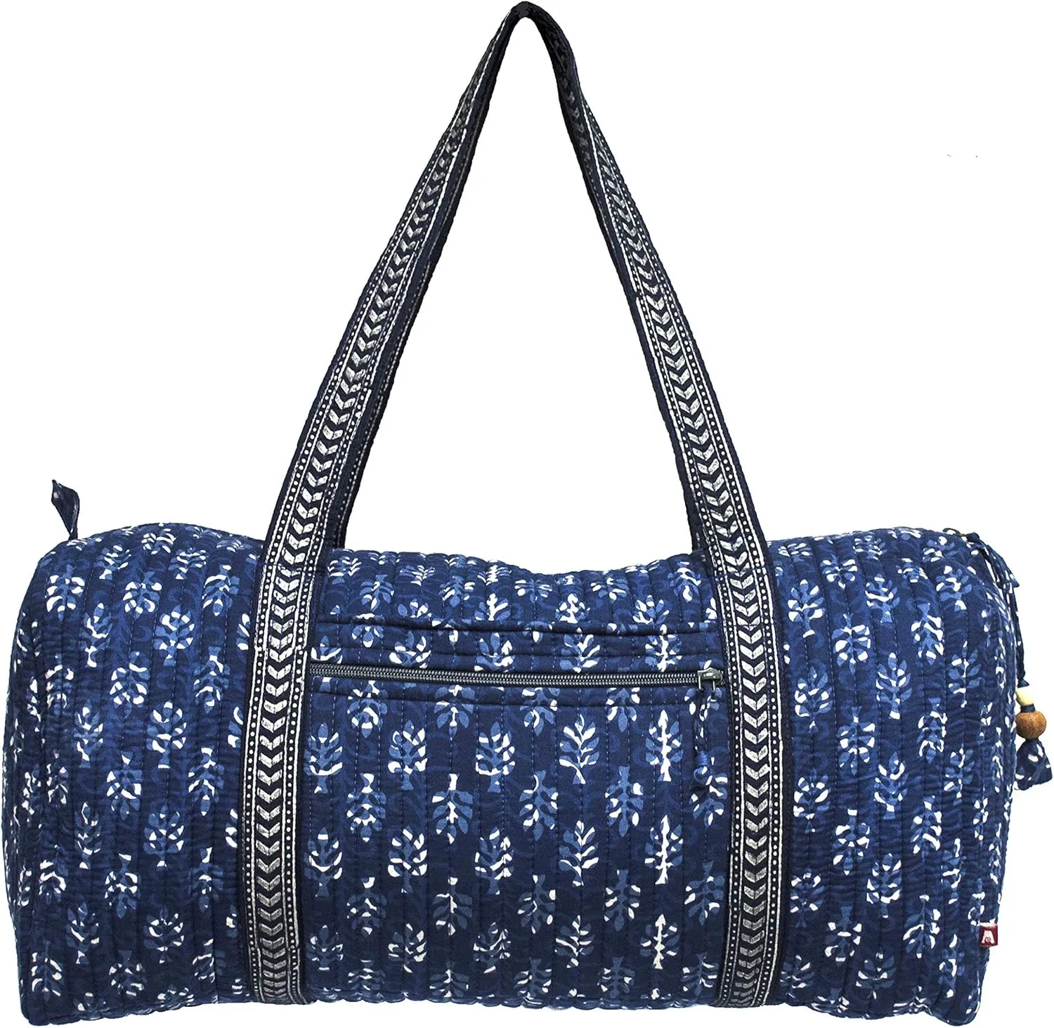 Block Printed Handmade Extra Large Duffel Bag, 100% Cotton, Organic Dyes (Indigo Palms)