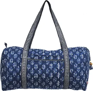 Block Printed Handmade Extra Large Duffel Bag, 100% Cotton, Organic Dyes (Indigo Palms)