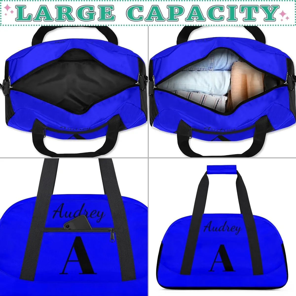 Blue Custom Gym Bag for Women Men, Personalized Initial Travel Duffel Bag with Name, Small Sports Gym Bag Weekender Carry On Overnight Bags