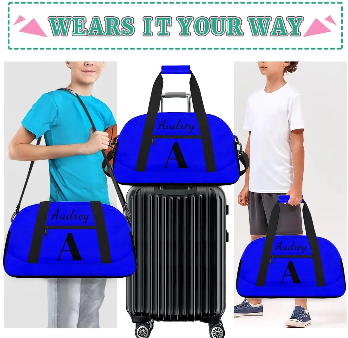 Blue Custom Gym Bag for Women Men, Personalized Initial Travel Duffel Bag with Name, Small Sports Gym Bag Weekender Carry On Overnight Bags