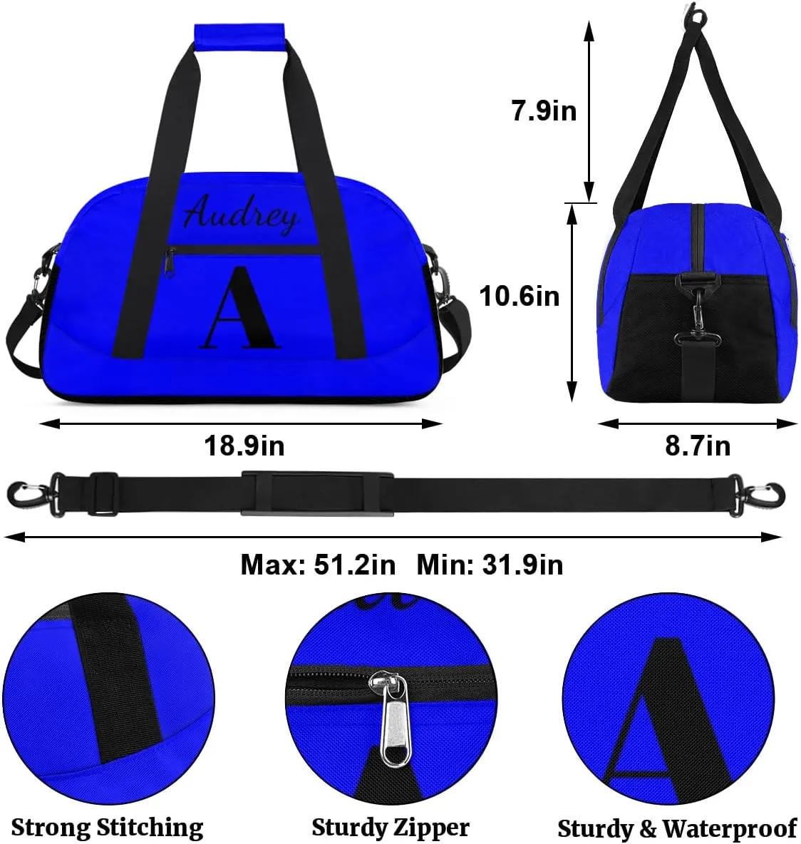 Blue Custom Gym Bag for Women Men, Personalized Initial Travel Duffel Bag with Name, Small Sports Gym Bag Weekender Carry On Overnight Bags