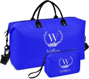 Blue Custom Travel Duffel Bag with Toiletry Bag Personalized Weekender Bag for Trips Sports Business Large Carry On Overnight Bag for Women & Men
