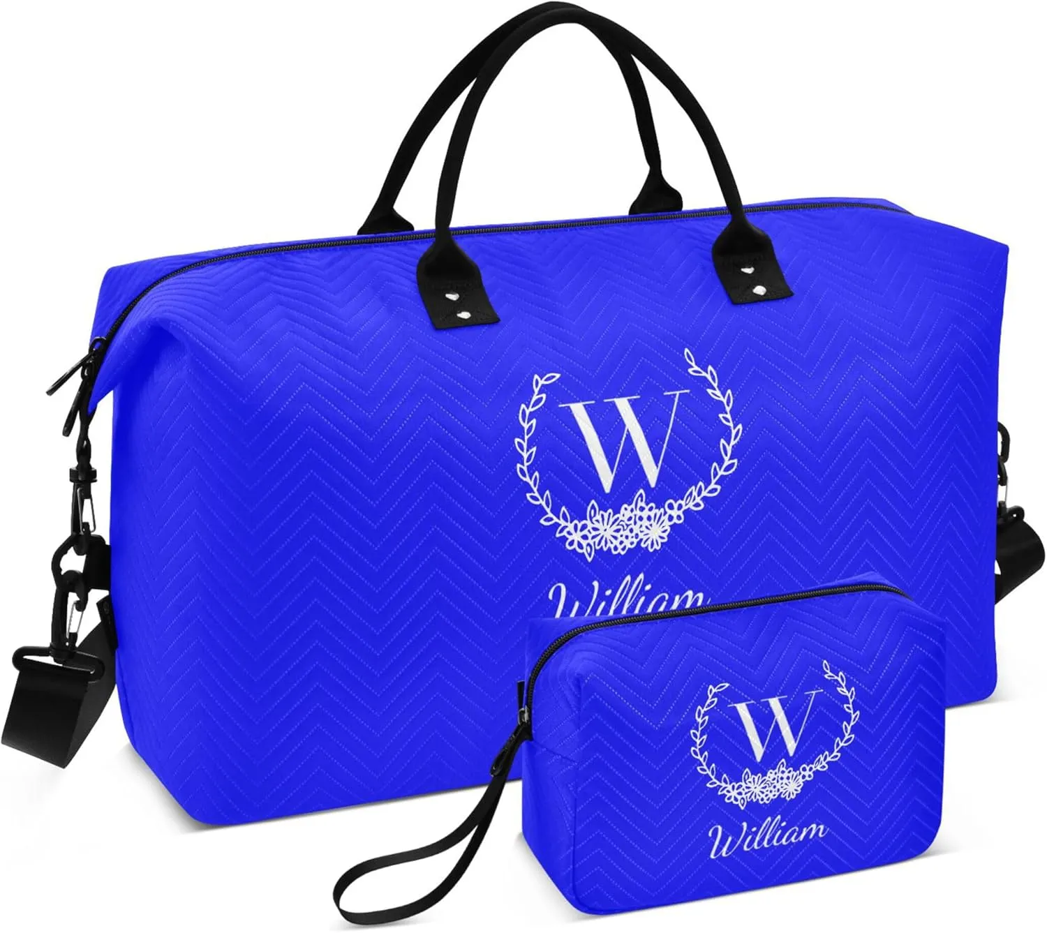 Blue Custom Travel Duffel Bag with Toiletry Bag Personalized Weekender Bag for Trips Sports Business Large Carry On Overnight Bag for Women & Men